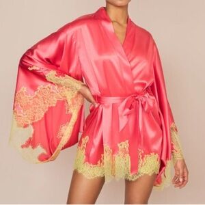 Agent Provocateur Christi Pink Silk Lace Kimono Sleeve Short Robe S/M